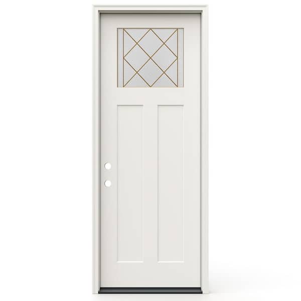 36 in. x 96 in. Right-Hand Craftsman Frameless Sardis Decorative Glass Primed Fiberglass Prehung Door w/ Brickmould