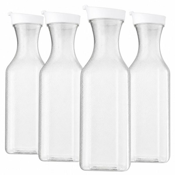 50 oz. 4-Pack Plastic Water Carafe with Flip Top Lid, Square Base Juice Container, Clear Plastic Pitcher, Hand Wash Only