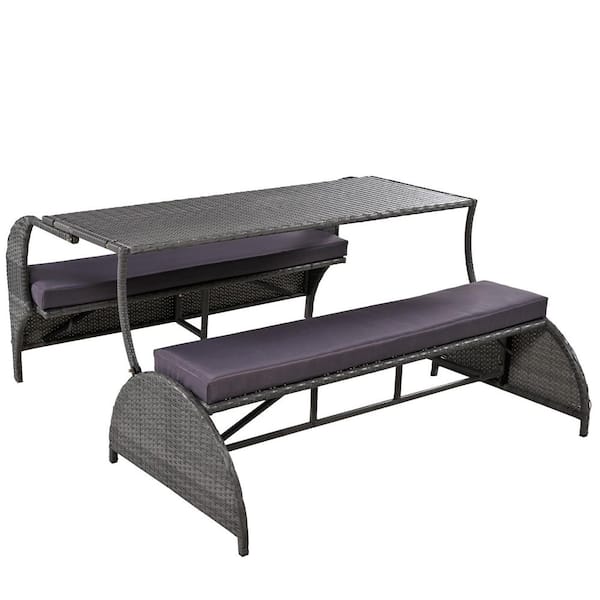 57.1 in. Gray Rectangle Iron Portable Picnic Table, 2-in-1 Convertible Picnic Bench Table