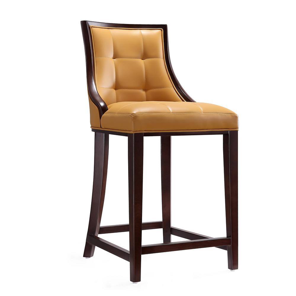 Camel Faux Leather Upholstered Wood Counter Height Barstools, Set of 2