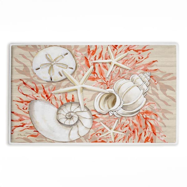 Coral and White Shells 18 in. x 30 in. Beige Abstract Polyester Blend Rectangle Bath Mat