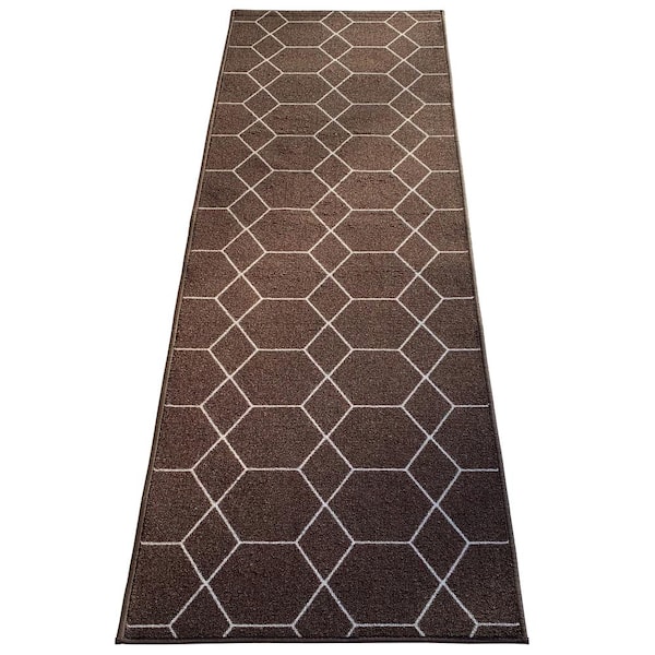 PLAYA RUG Hexagon Trellis Brown Color 26 in. Width x Your Choice Length Custom Size Roll Runner Rug/Stair Runner