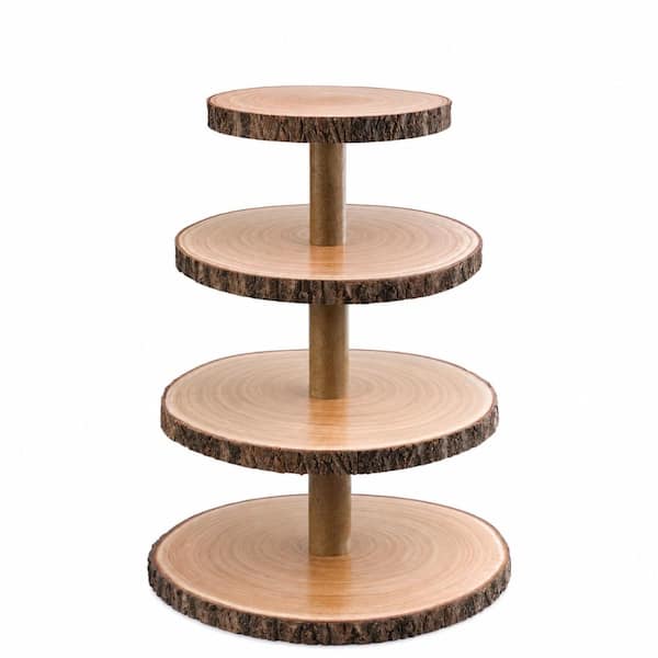 4-Tier Natural Paulownia Wood Rustic Cake and Cupcake Display Stand with Bark-Covered Rod Cake & Tiered Stands