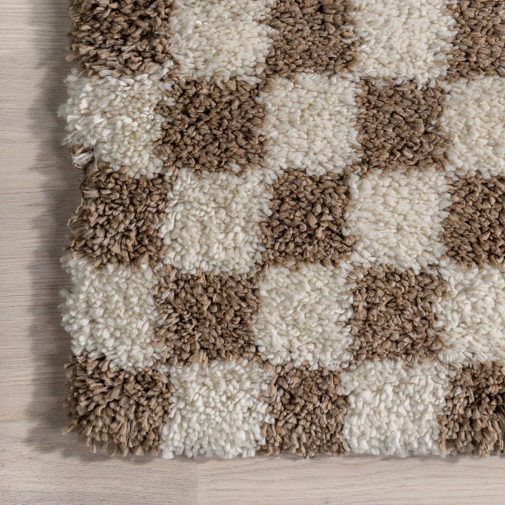 Adelaide Beige and Brown Synthetic Checkered Shag Area Rug 10' x 13'