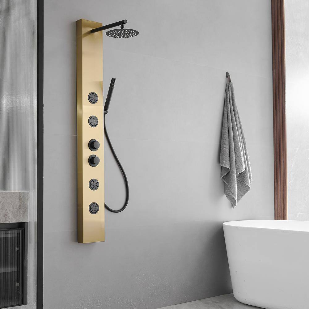 Gold and Black Stainless Steel Shower Panel System with Rainfall Showerhead
