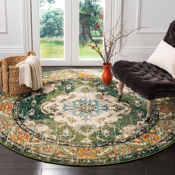 Monaco Green/Light Blue 12 ft. x 12 ft. Distressed Border Medallion Round Area Rug