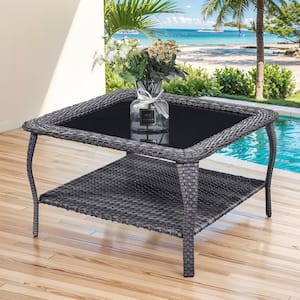 Gray Square Wicker Outdoor Coffee Table with Black Tempered Glass Top and Storage Space