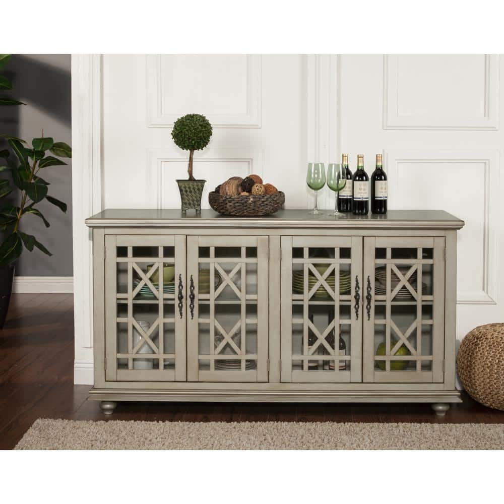 Antique Silver Wood TV Stand with Glass Doors