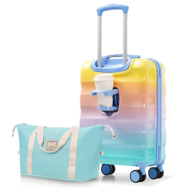 20 in. Blue and Orange Gradient ABS+PC Hardshell Lightweight Suitcase with Duffel Bag, Cup Holder and TSA Lock