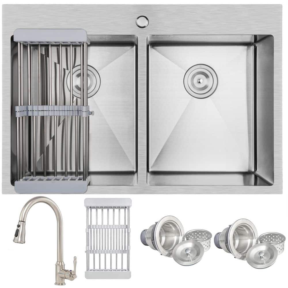 AKDY Handmade All-in-One Drop-in Stainless Steel 33 in. x 22 in. Drying Rack with Pull-down Faucet Double Bowl Kitchen Sink KS0379 - The Home Depot