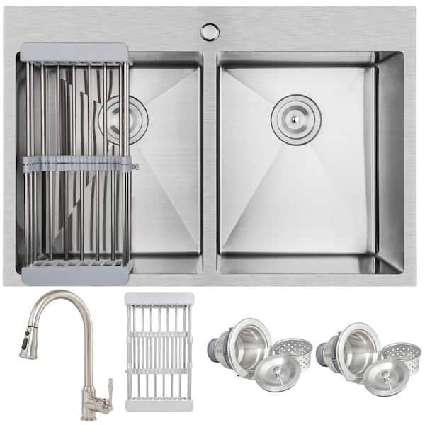 Handmade All-in-One Drop-in Stainless Steel 33 in. x 22 in. Drying Rack with Pull-down Faucet Double Bowl Kitchen Sink