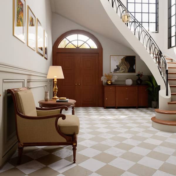 Reve Checker Blanc with Beige 12 in. x 12 in. Porcelain Floor and Wall Tile (23.25 sq. ft. /Case)