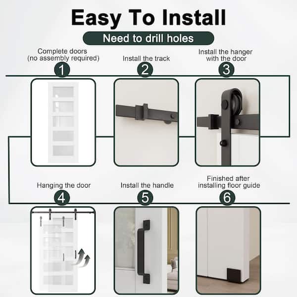 64 in. x 96 in. 5-Lite Tempered Frosted Glass White Primed MDF No Assembly Required Sliding Barn Door with Hardware Kit