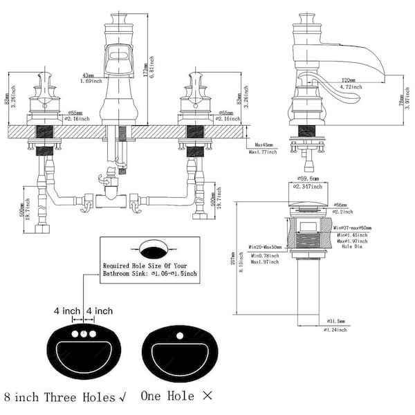 BWE 8 in. Waterfall Widespread 2-Handle Bathroom Faucet With Pop