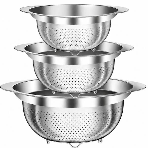 Stainless Steel Colanders with Handles, 3-Piece Nesting Set, 2 qt. 3 qt. and 5 qt. for Pasta and Vegetables