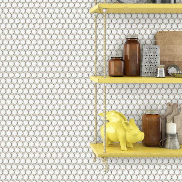 Porcetile Round White 12.41 in. x 11.46 in. Penny Glossy Porcelain Mosaic Wall and Floor Tile (9.9 sq. ft./Case)