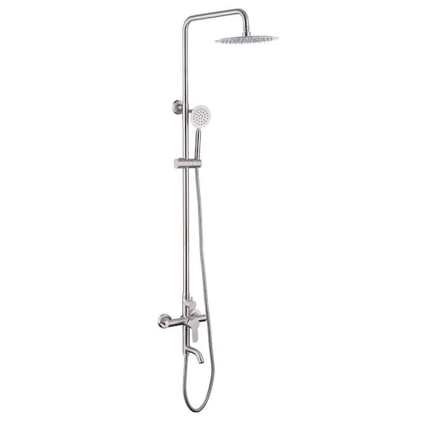 Single Handle 1-Spray Outdoor Tub and Shower Faucet 1.6 GPM 10 in. Exposed Pipe Shower System in Brushed Nickel