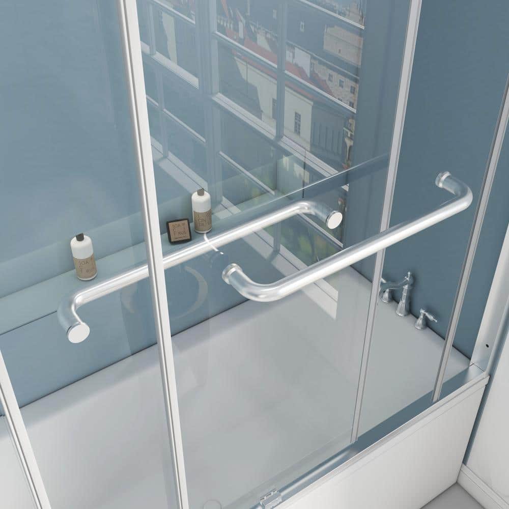 Nickel Framed Double Sliding Tub Door with Clear Tempered Glass