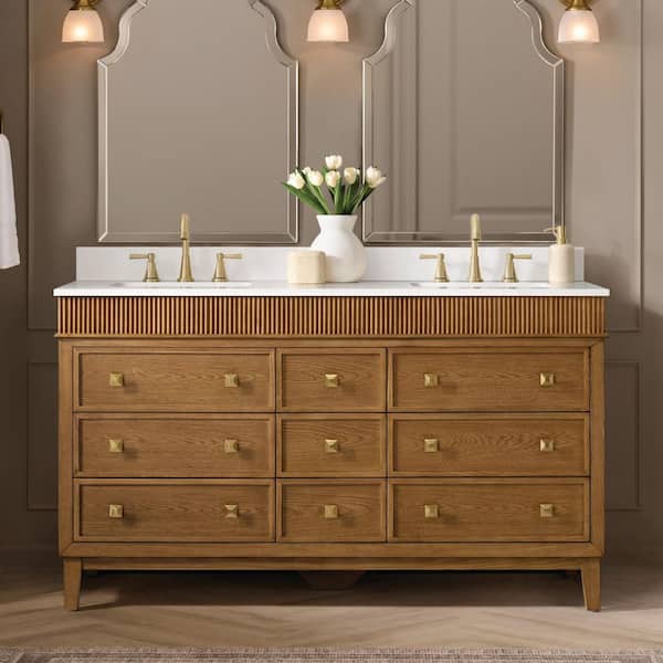 Danby 60 in. Double Sink Caramel Oak Bath Vanity with White Engineered Marble Top (Assembled)