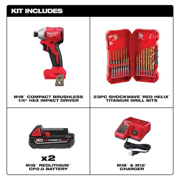 M18 18-Volt Lith-Ion Compact Brushless Cordless 1/4 in. Impact Driver Kit w/ 2.0 Ah Battery, Charger, & Drill Bit Set
