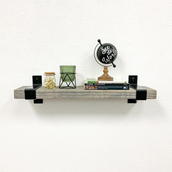 Del Hutson Designs Industrial Grace 5.625 in. x 24 in. x 6 in. Gray Pine Wood Floating Decorative Wall Shelf with Wrap Brackets