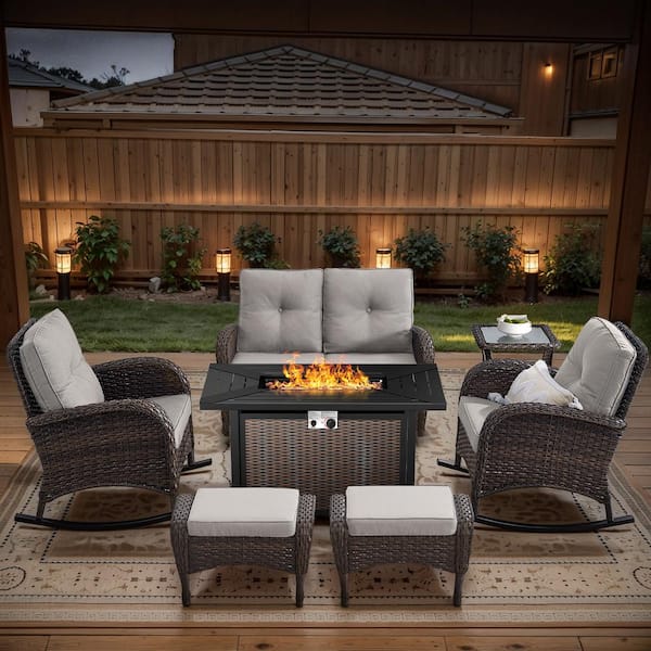 Brown 7-Piece Wicker Patio Fire Pit Set, Outdoor Glider Seating Set with Olefin Beige Cushions and Rocking Chairs