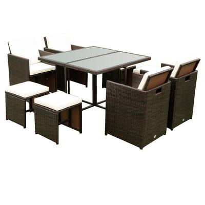 Brown 9-Piece Wicker Outdoor Dining Set with Beige Cushions