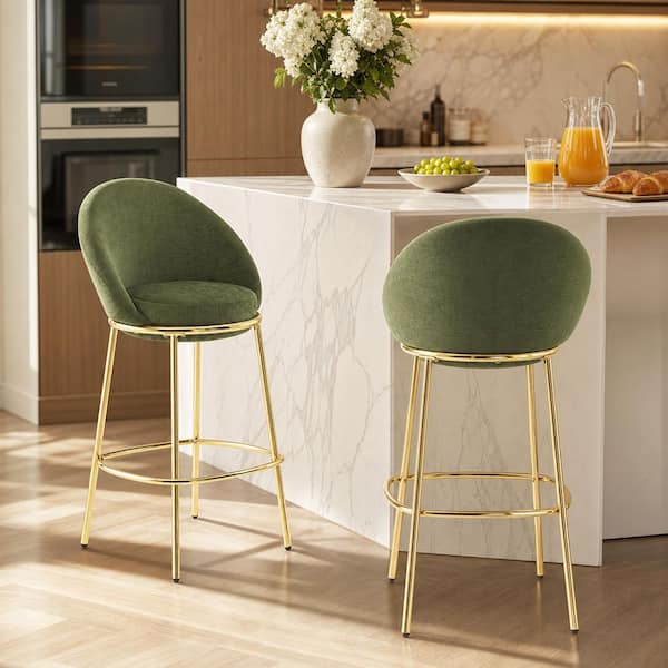 30 in. Seat Height Gold-Plated Metal Frame Bar Stool with Green Upholstery Set of 2