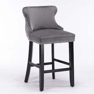 37 in. Gray Velvet Wing-Back Wood Frame Upholstered Bar Stool with Button Tufted Decoration and Wooden Legs(Set of 2)