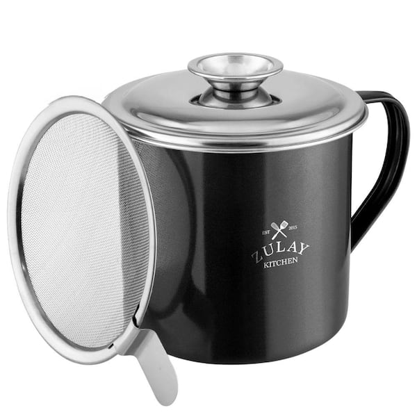 Zulay Kitchen Bacon Grease Container With Strainer, Lid Handle - Stainless Steel (Black)
