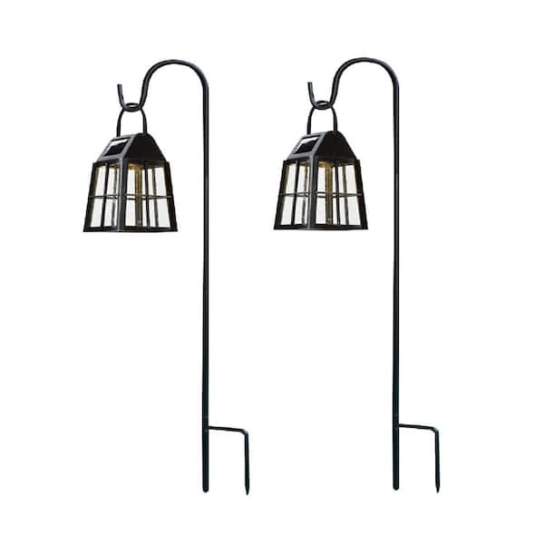 12 Lumens Black LED Farmhouse Shephard's Hook Outdoor Solar Path Light and Table Top Lantern (2-Pack)