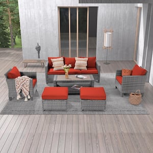 6-Piece Gray Wicker Outdoor Conversation Seating Sofa Set with Coffee Table, Rust Red Cushions