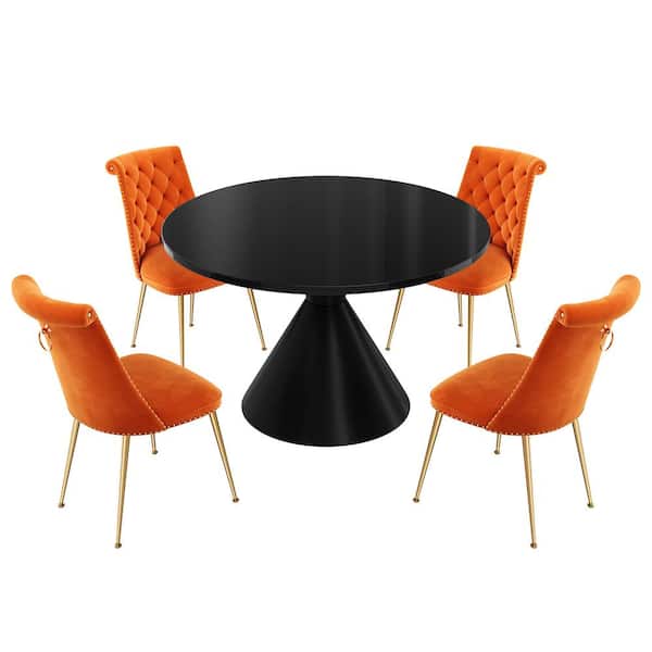Boyel Living 5-Piece Round Stainless Steel Black MDF Top Table Set Seats 4 (4 Orange Dining Chairs)