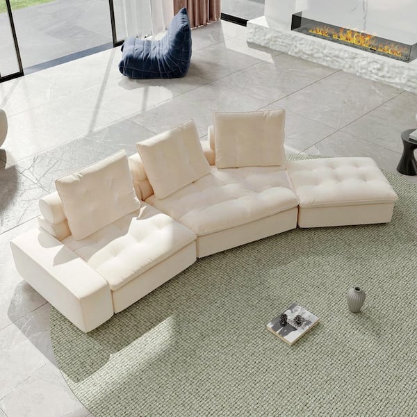 Magic Home Down Filled Convertible Sofa, Miami 162 in. Square Arm Velvet L-Shaped Modular Sectional Couch with Ottoman in Beige