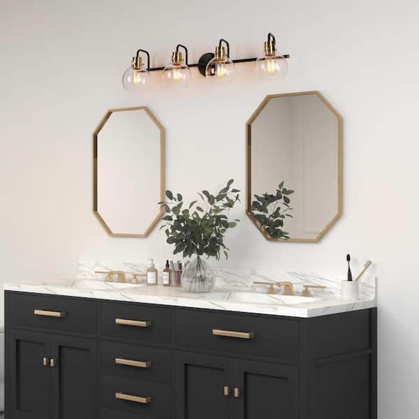 32 in. 4-Light Black Bathroom Vanity Light, Modern Brass Gold Bath Lighting, DIY Globe Clear Glass Indoor Wall Sconce