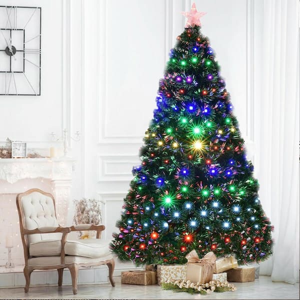 WELLFOR 7 ft. Green Pre-lit LED Fiber Optic Artificial Christmas Tree with  280 Multi-Color LED Lights and Metal Stand CM-HWY-20572 - The Home Depot