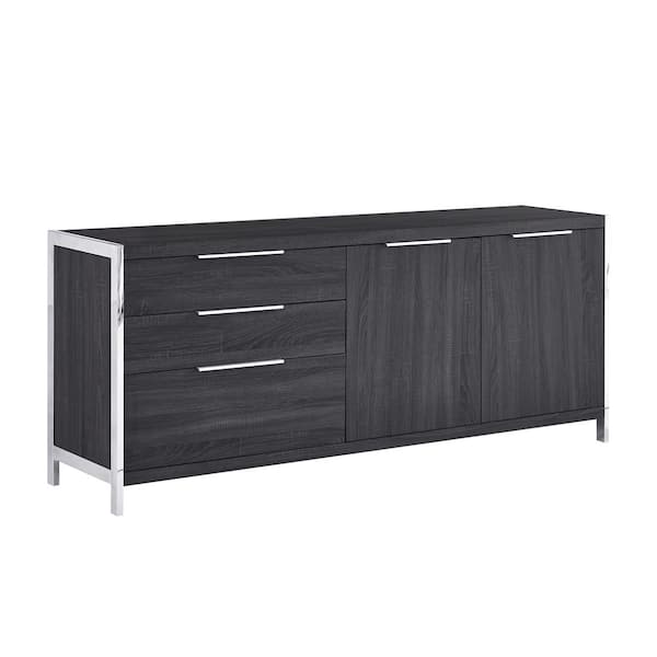 Best Quality Furniture Natalia Walnut Color Wood Top 71 in. Wide Sideboard 18-in. with 3-Drawers 2-Doors Stainless Steel Legs