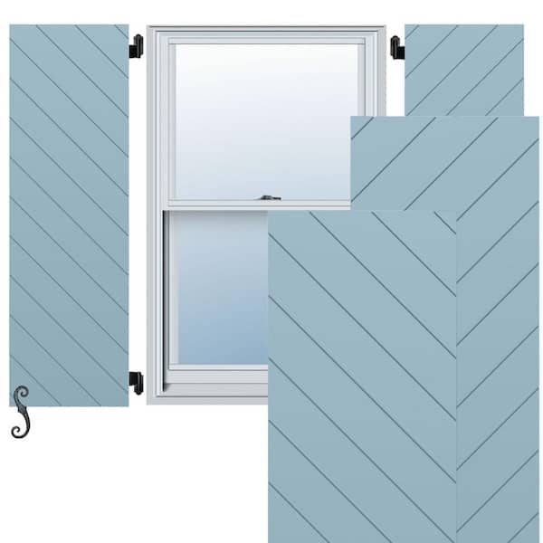 Ekena Millwork EnduraCore Diagonal Slat Modern Style 12 in. W x 32 in. H Raised Panel Composite Shutters Pair in Peaceful Blue