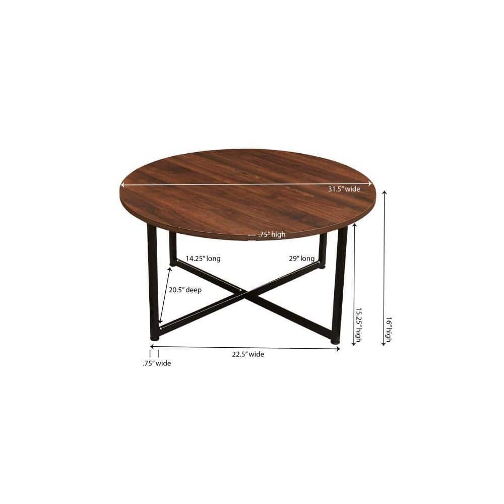 Mid-Century Walnut and Black Metal Round Coffee Table with Scratch-Resistant Top