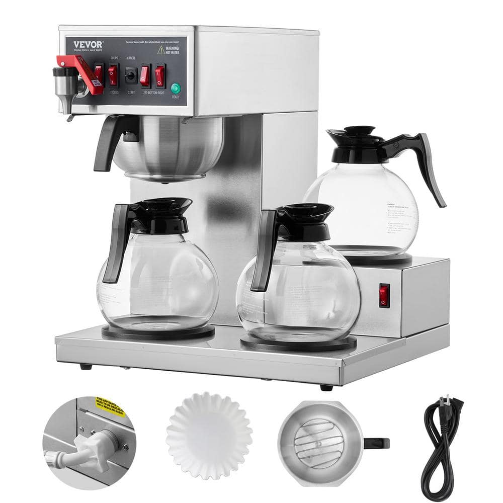 12 Cups Commercial Drip Coffee Maker, Coffee Maker Machine with 3-Glass Carafes and 3-Warmer Plates in Stainless