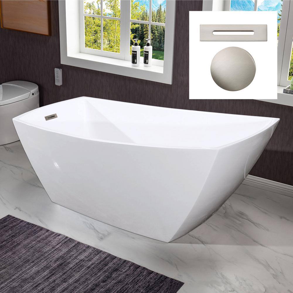 White Acrylic Freestanding Single Slipper Soaking Tub with Brushed Nickel Trim