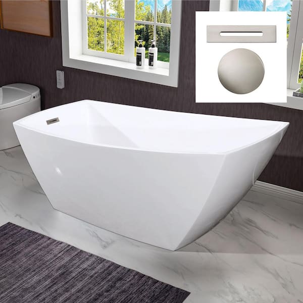 WOODBRIDGE Leeds 67 in Acrylic Freestanding Flat Bottom Single Slipper Bathtub with BN Drain and Overflow Included in White