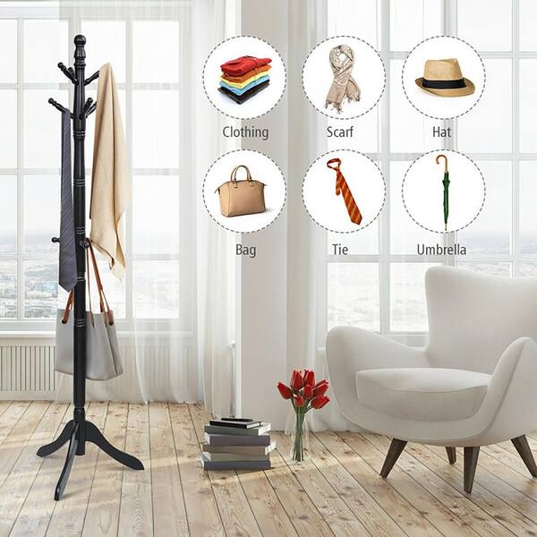 Clihome Brown Entryway Height Adjustable Coat Stand with 9 Hooks, Brown-9