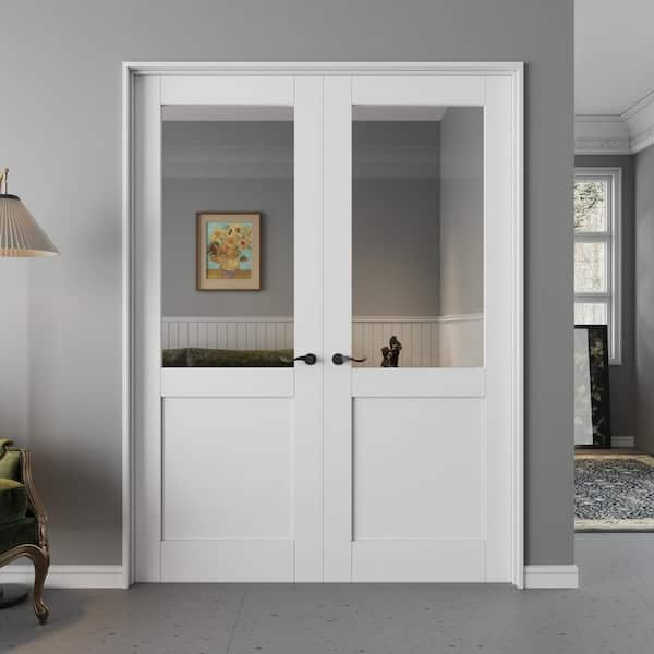 60 in. x 80 in. Universal Handed 1/2-Lite Clear Glass White Solid Core Double Prehung French Door with Assemble Jamb