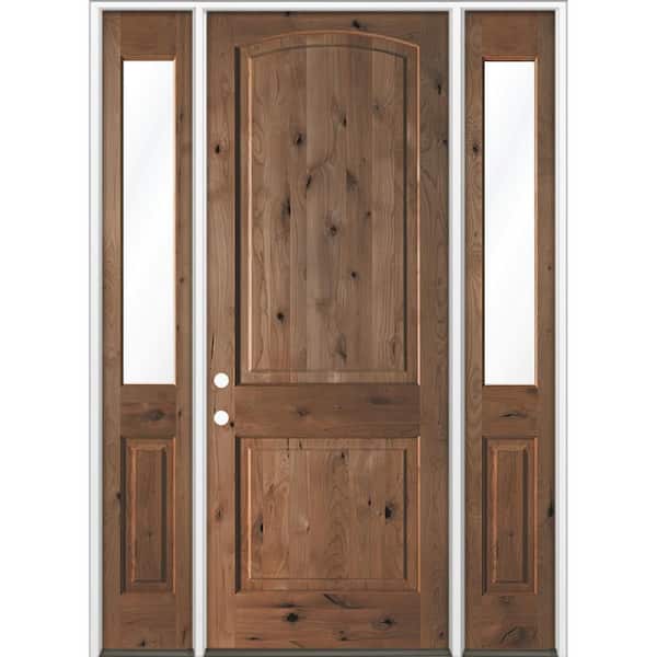 Krosswood Doors 60 in. x 96 in. Knotty Alder 2-Panel Arch Top Right-H /Inswing Clear Glass True Black Stain Wood Prehung Front Door DHSL