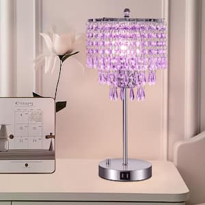 17 in. Chrome LED Integrated Table Lamp with Purple Crystal with 3-Way Dimmer Rotary Switch and Dual USB Charging Ports