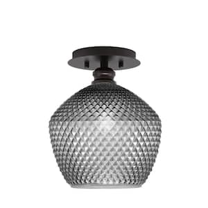 Albany 1-Light 9 in. Espresso Semi-Flush with Smoke Textured Glass Shade