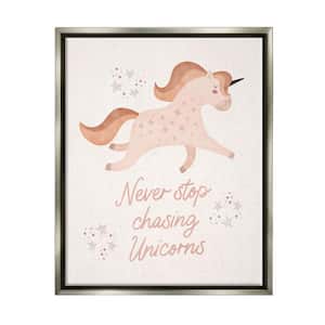 Never Stop Chasing Unicorns Phrase Design by Nina Blue Floater Framed Fantasy Art Print 31 in. x 25 in.