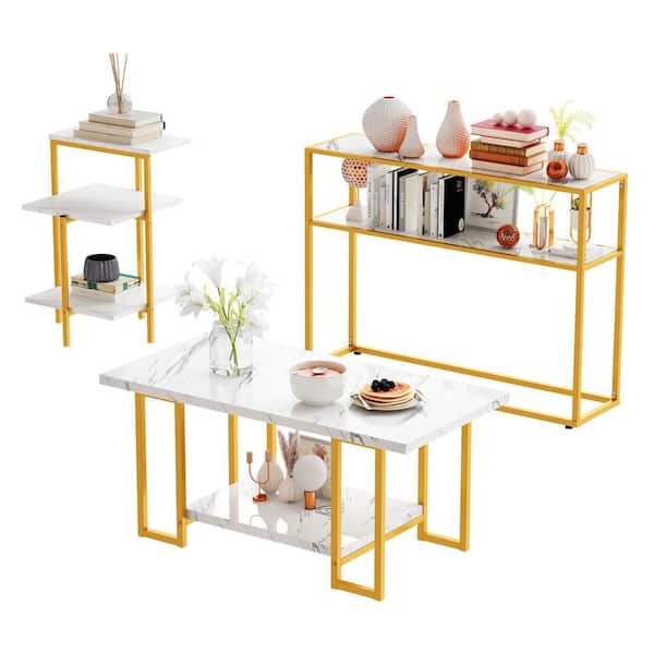 Jules 3-Piece 39.3 in. Marble White/Gold Mid-Century Modern Rectangle Faux Marble Coffee Table Set with 3 Pieces
