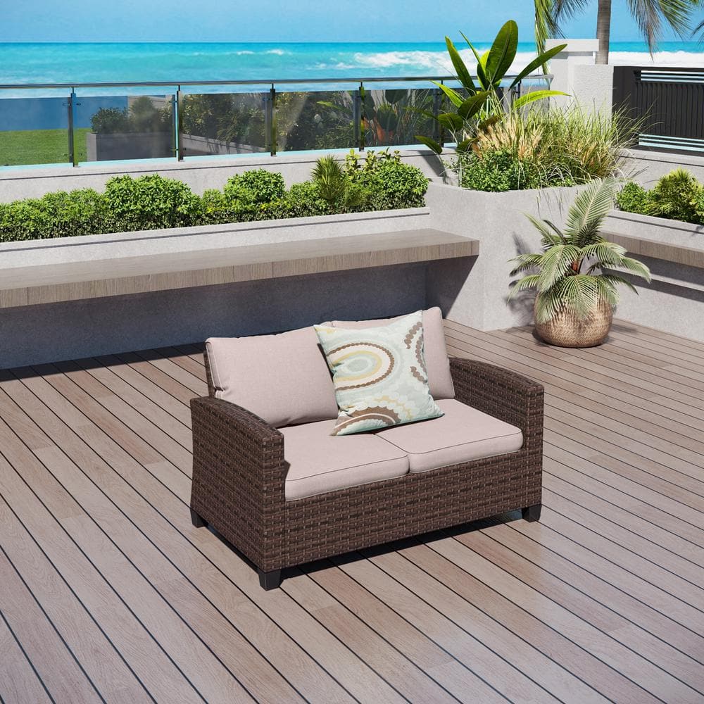 Dark Brown Rattan Wicker Outdoor Patio Loveseat with Beige Cushions